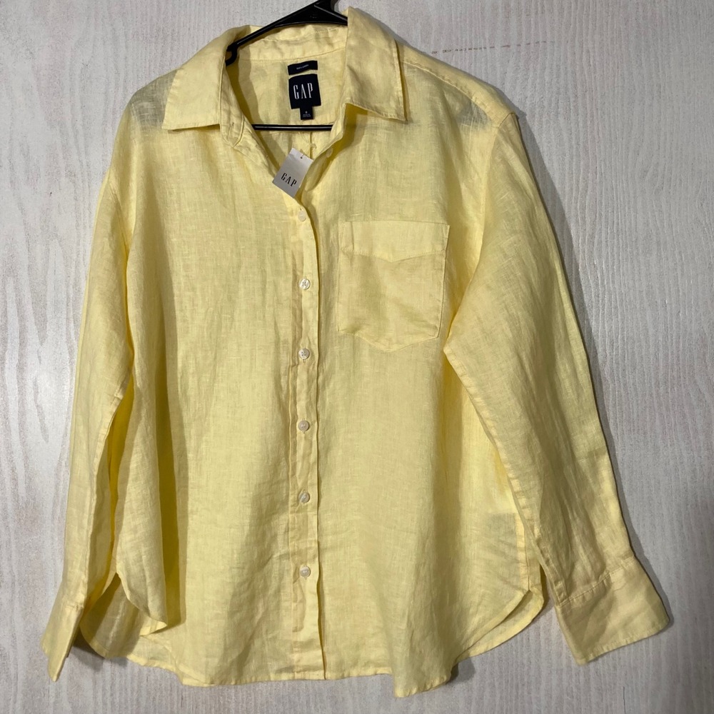 Gap Linen Button Down Shirt Womens Small Yellow NWT Long Sleeve Pocket Relaxed